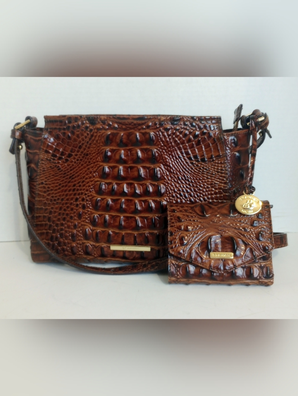 Brahmin Pecan Hillary Croc Embossed Leather Crossbody Bag, Matching Wallet